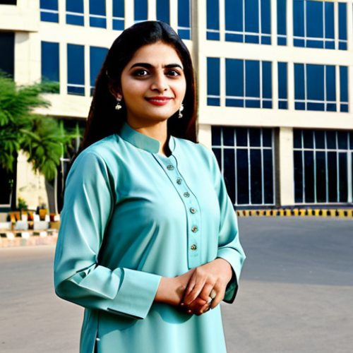 Home 6 Modern Karachi Businesswoman**
"A professional Urdu-speaking businesswoman in a stylish, fully clothed shalwar kameez suitable for a corporate environment, standing in front of a modern office building in Karachi, Pakistan. Her expression is confident and approachable. Background includes glimpses of local businesses and traffic. Safe for work, appropriate content, modest clothing, perfect anatomy, natural pose, professional."
**